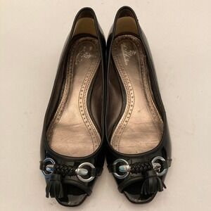 Brooks‎ Brothers Peep Toe Flats Womens 8.5/9 M Black Patent Leather Tassel